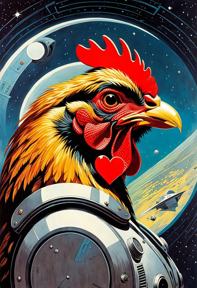 Retrofuturist Sci-Fi Chicken with Heart, Bandes Dessinée Sty...
