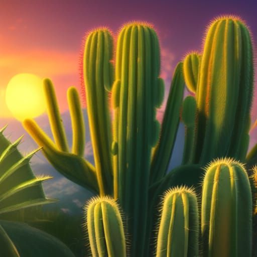 Cactus Flower Sunset: Detailed Matte Painting