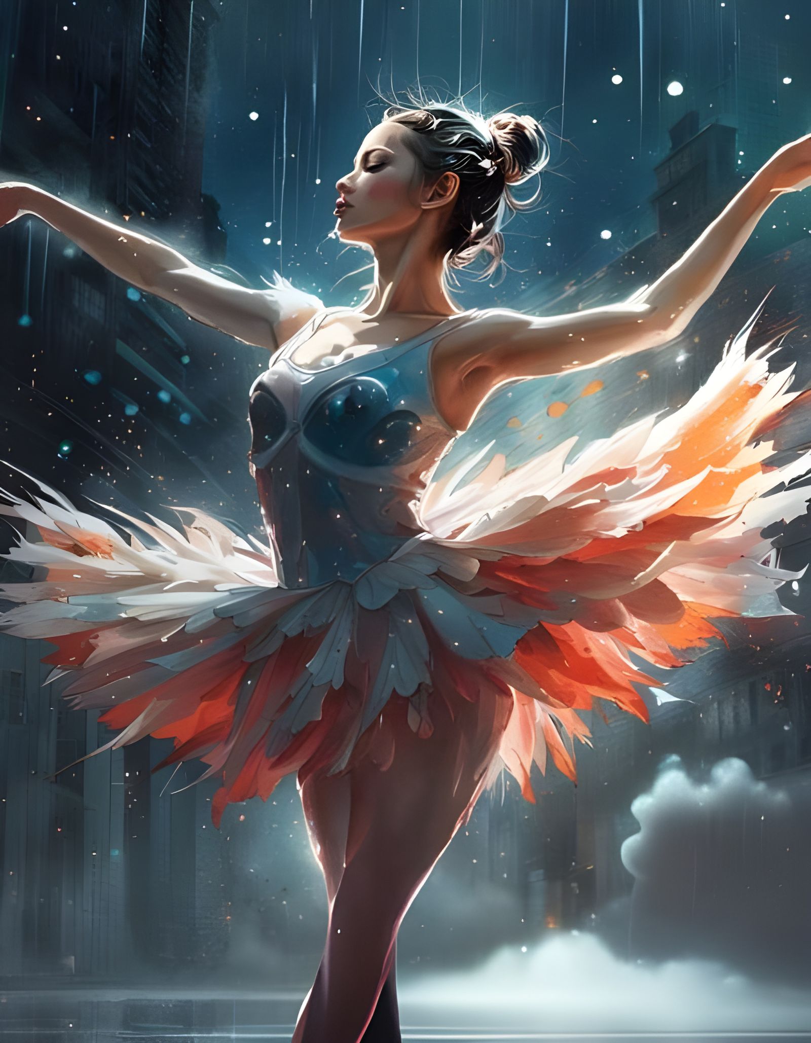 Celestial Ballerina Dancing in Rain with Exploding Stars