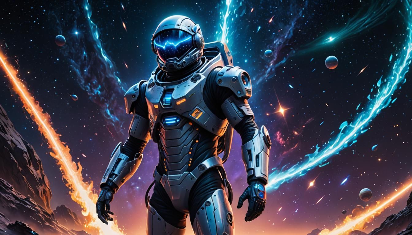 Sci-Fi Figure with Flaming Eyes in Space