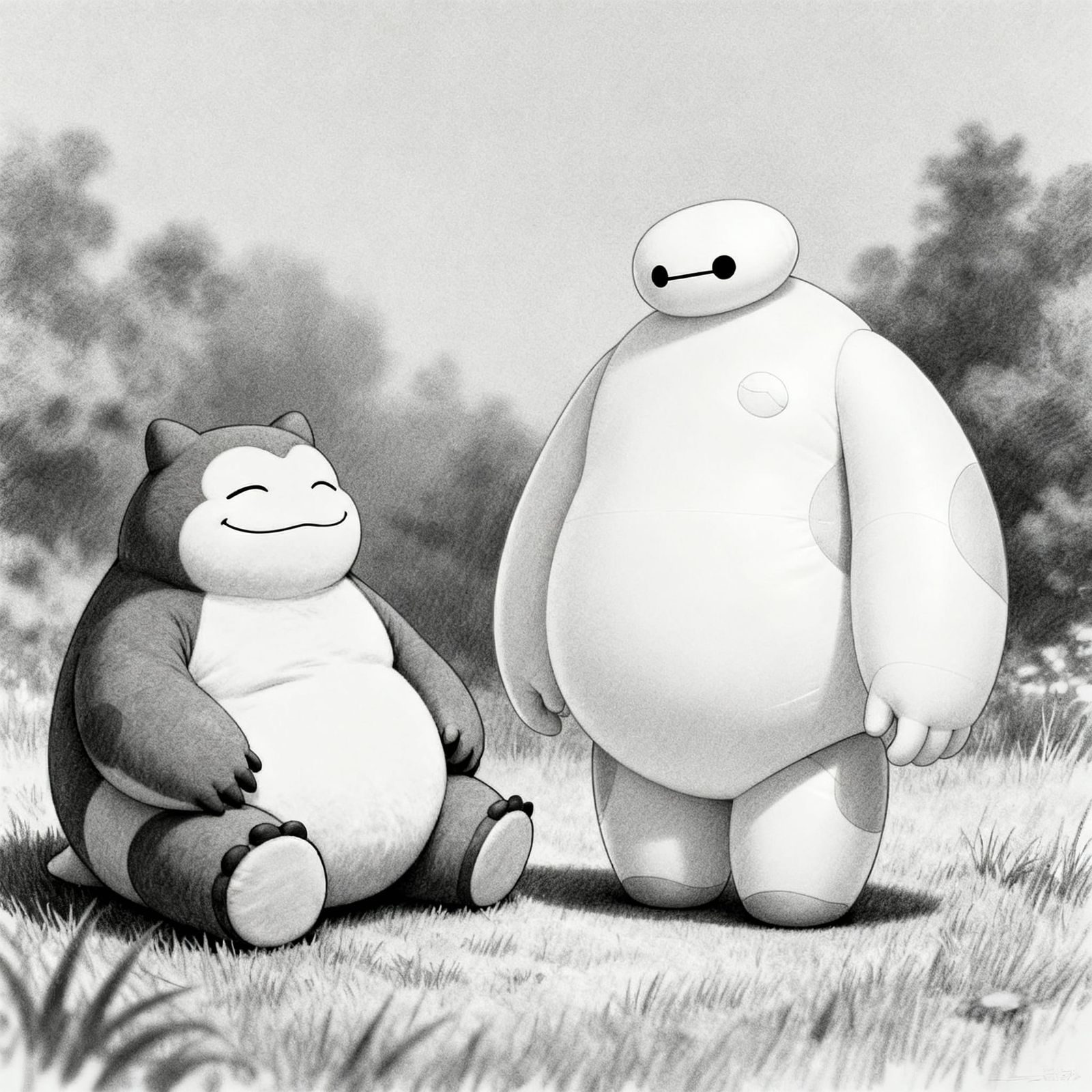 Grayscale Pixar-Style Baymax in Gentle Pose
