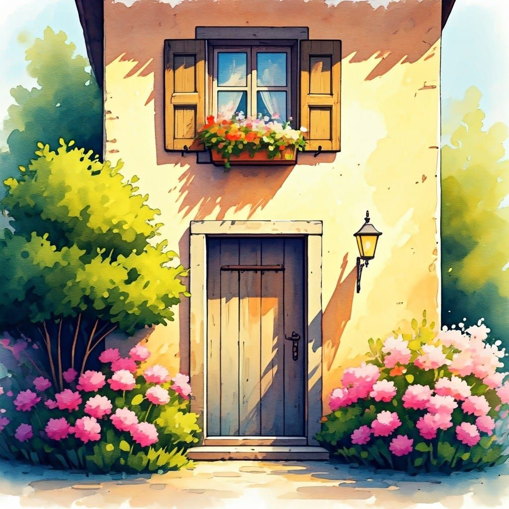 Watercolor Whimsy: Charming Old Door in a Peaceful Landscape