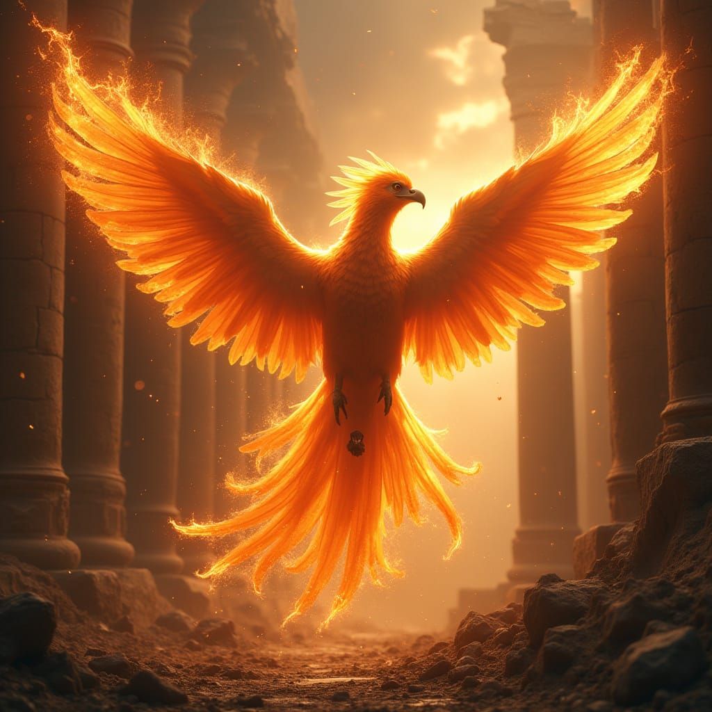 Majestic Phoenix Rises from Temple Ruins in Cosmic Dust