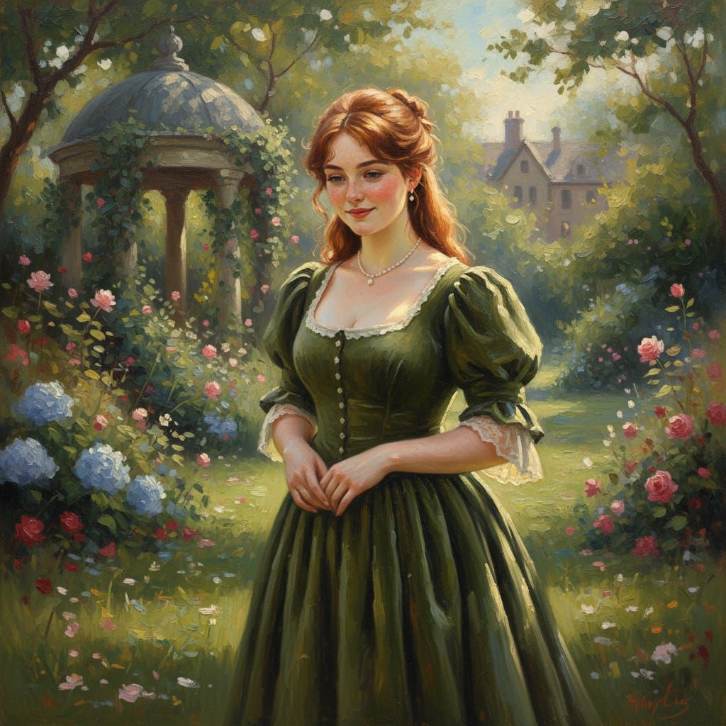 Victorian Woman with Auburn Hair in Garden, Oil on Canvas