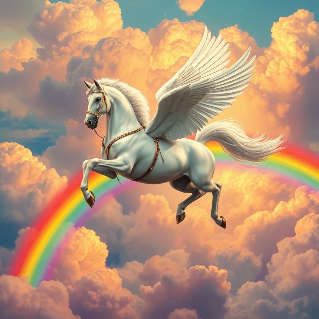 Ethereal Pegasus soars over Vibrant Rainbow Hues