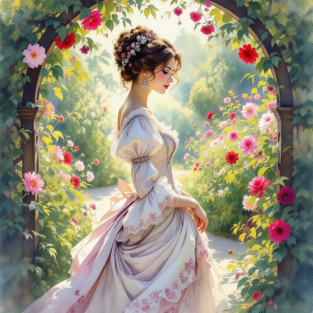 Victorian Woman in Sun-Dappled Garden, Watercolor Style