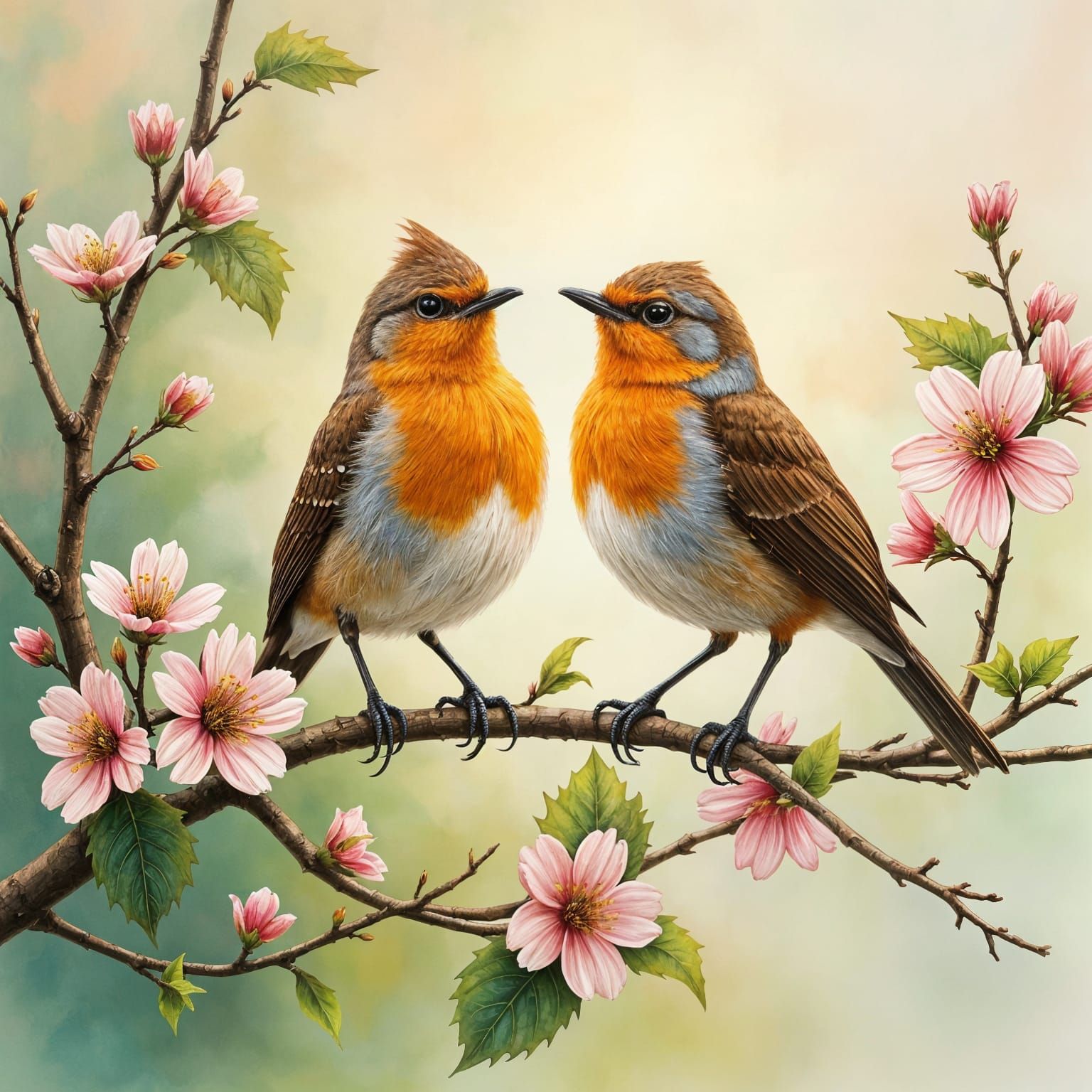 Wrens on Blossoms in Gouache Style