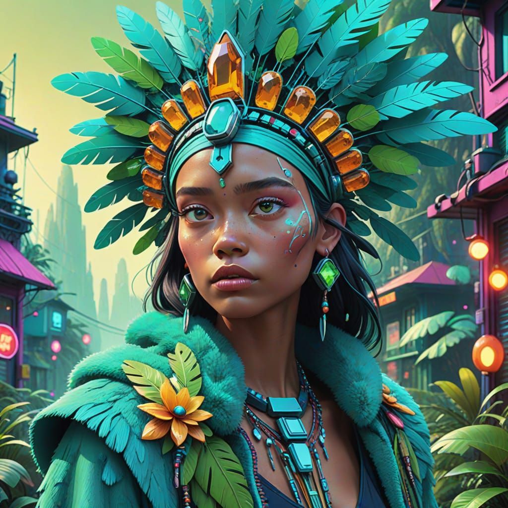 Amazonian Gemstone Warrior in Iridescent Headdress