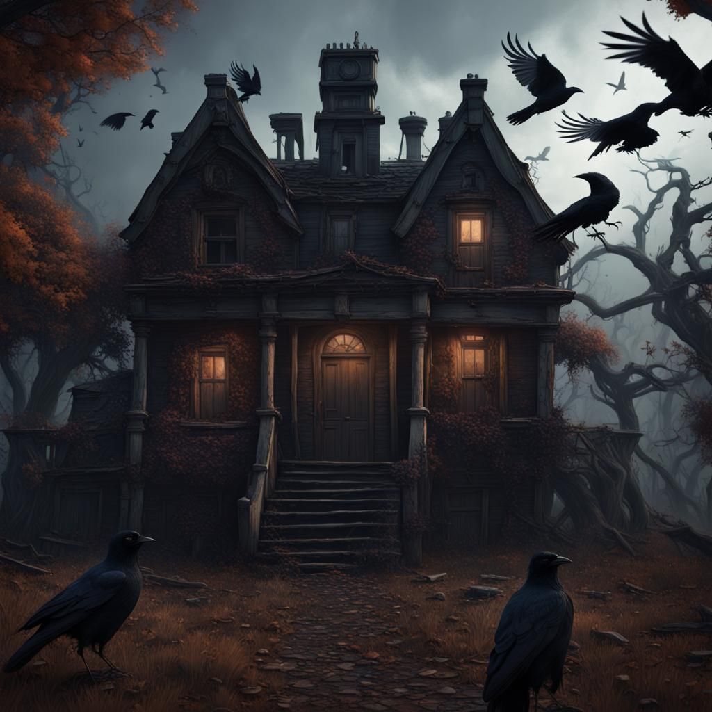 Creepy House with Ravens in Gothic Style