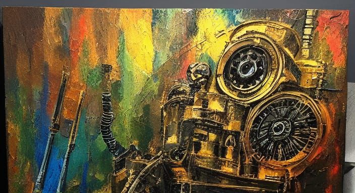Surreal Steampunk Scene in Dark Space Opera Impasto Art