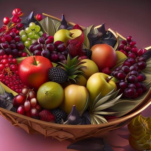 Tropical Fruit Bowl Still Life, Hyperdetailed Digital Art
