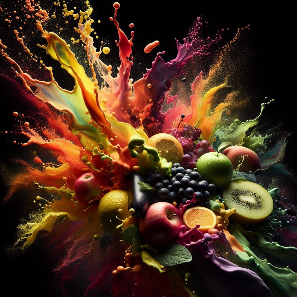 Colorful Fruit Explosion on Black Background