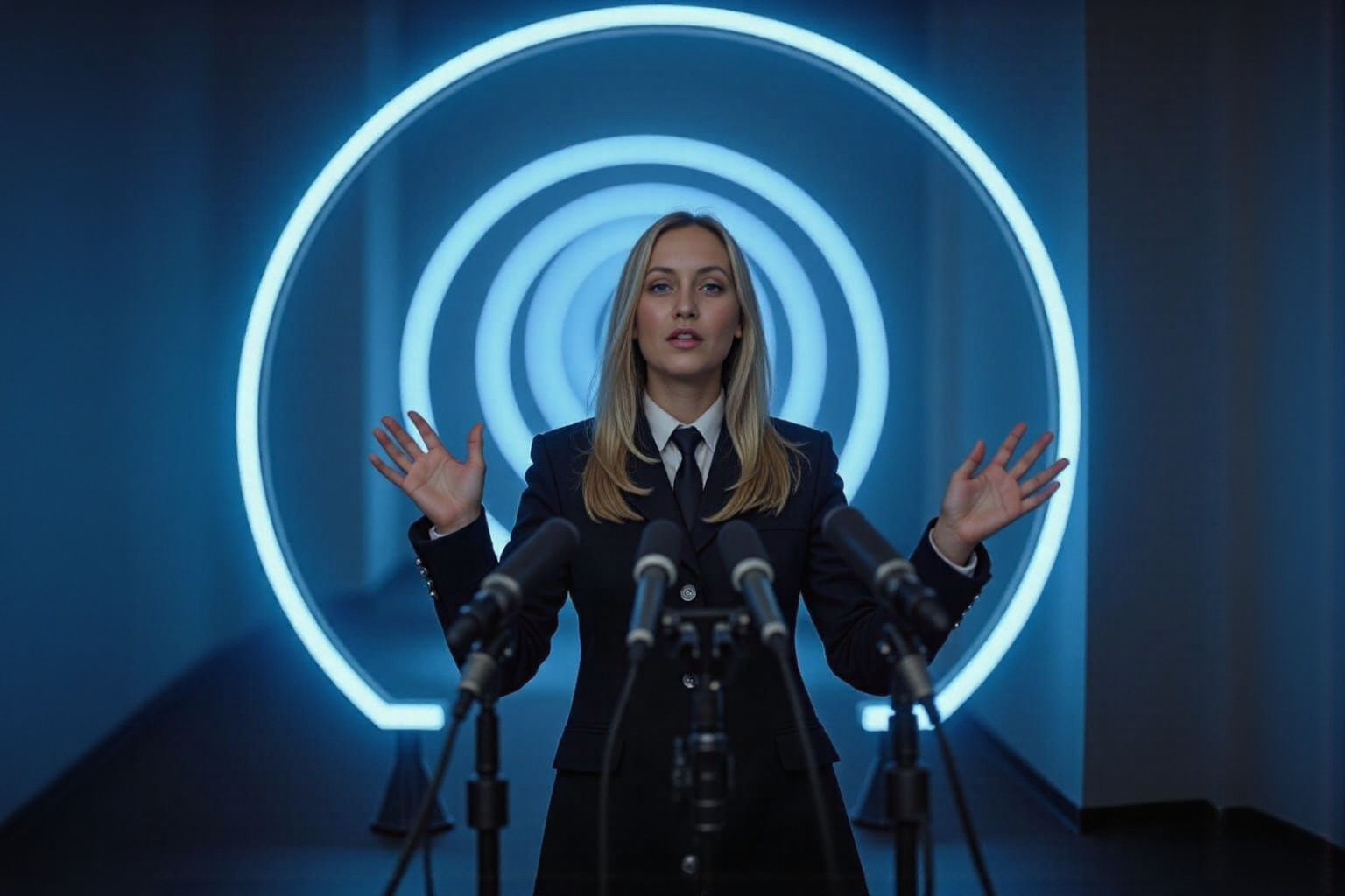 Blonde Rockstar Shines in Neon Cityscape