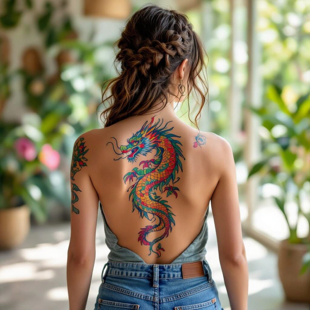 Girl with Colorful Dragon Tattoo in Natural Light