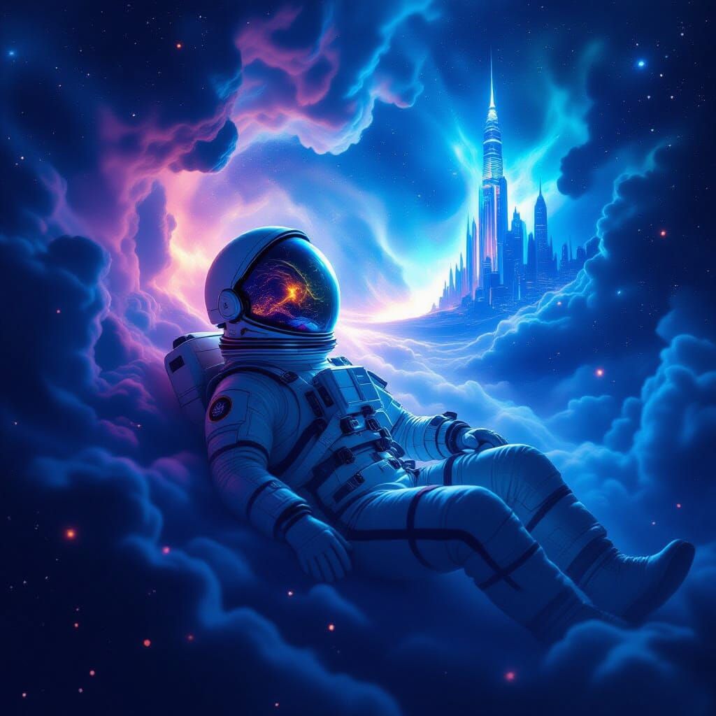 Astronaut Nebula Reflection: Impossible City in Vintage Sci-...