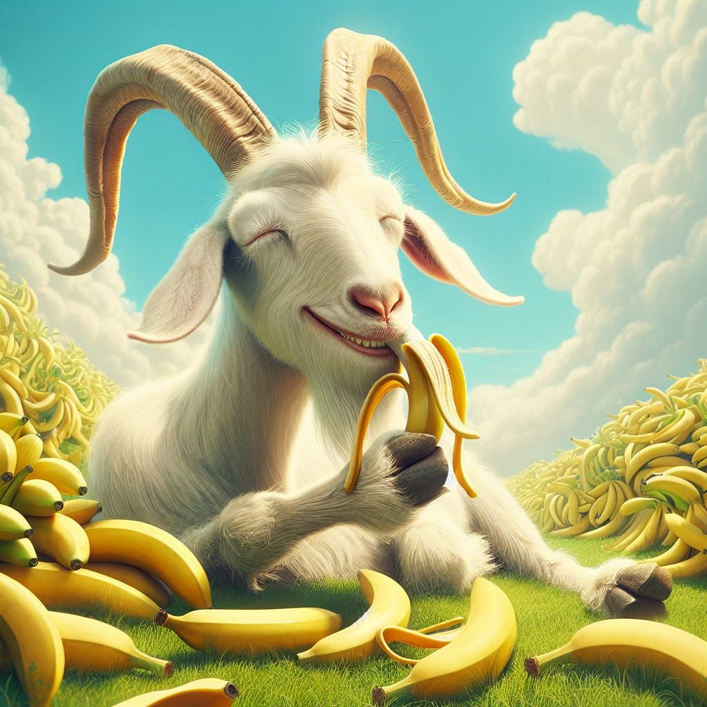 Whimsical Goat Surrounded by Bananas in a Surreal Science Fi...
