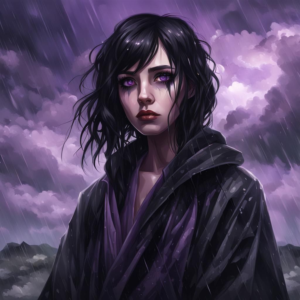 Goth Girl with Purple Eyes in Dark Rainy Scene