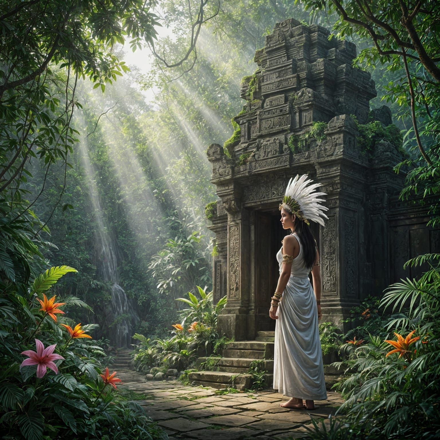 Rainforest Temple with Priestess: Matte Painting
