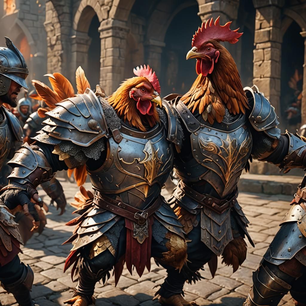 Armored Chicken Roaring in Medieval Arena