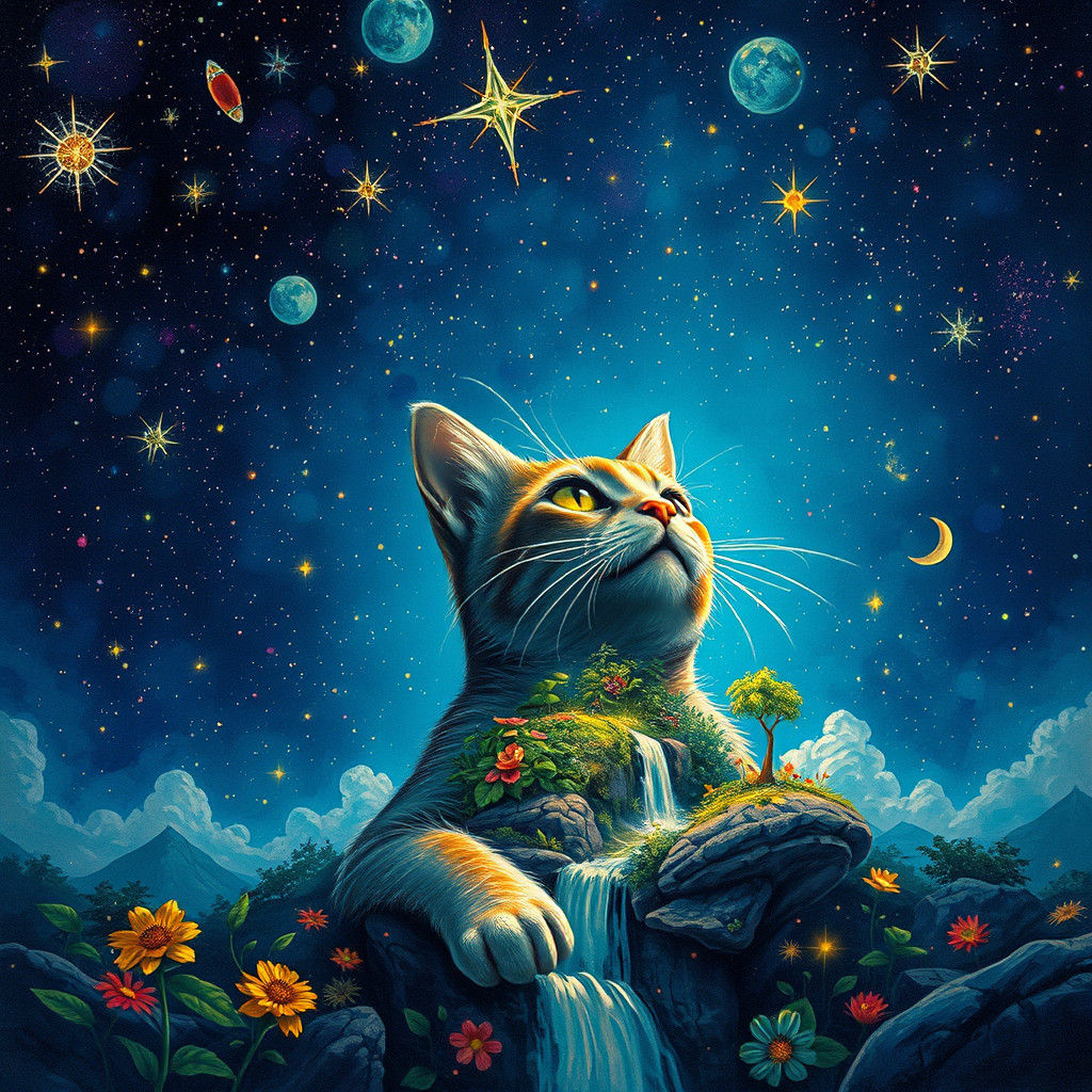 Cat's Rainforest Fur Reflects Starry Cosmos in Graffiti Styl...