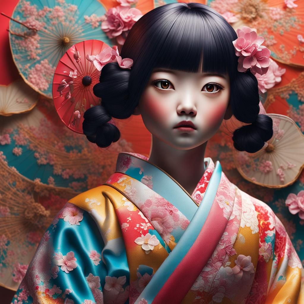 Intricately Detailed Japanese Doll in Splash Art Style
