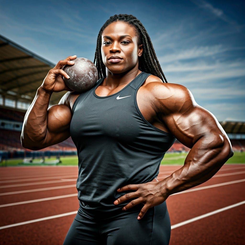 Muscular Black Female Shot Putter in Athletic Pose
