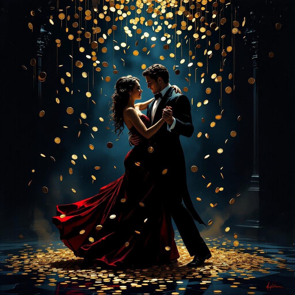 Gothic Couple Dancing in Gold Coin Rain