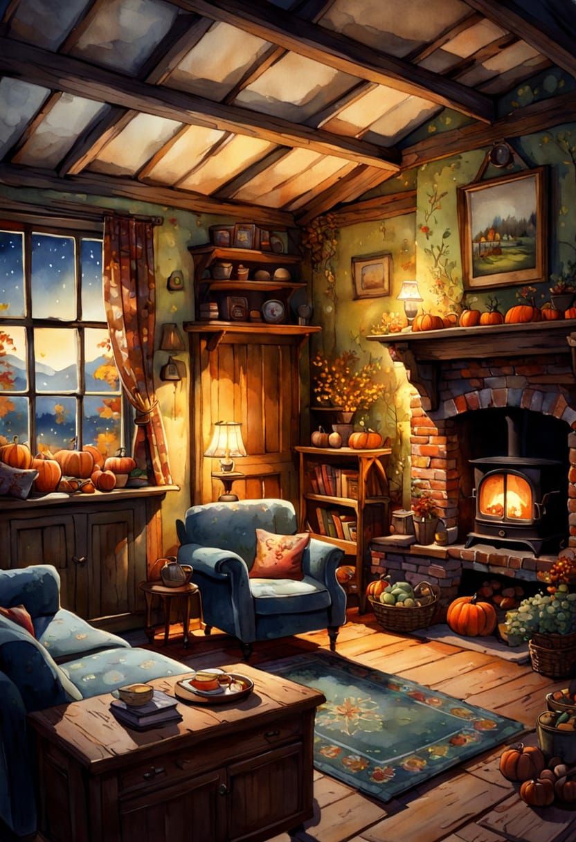 Cozy Autumn Cottage Living Room at Night in Watercolour