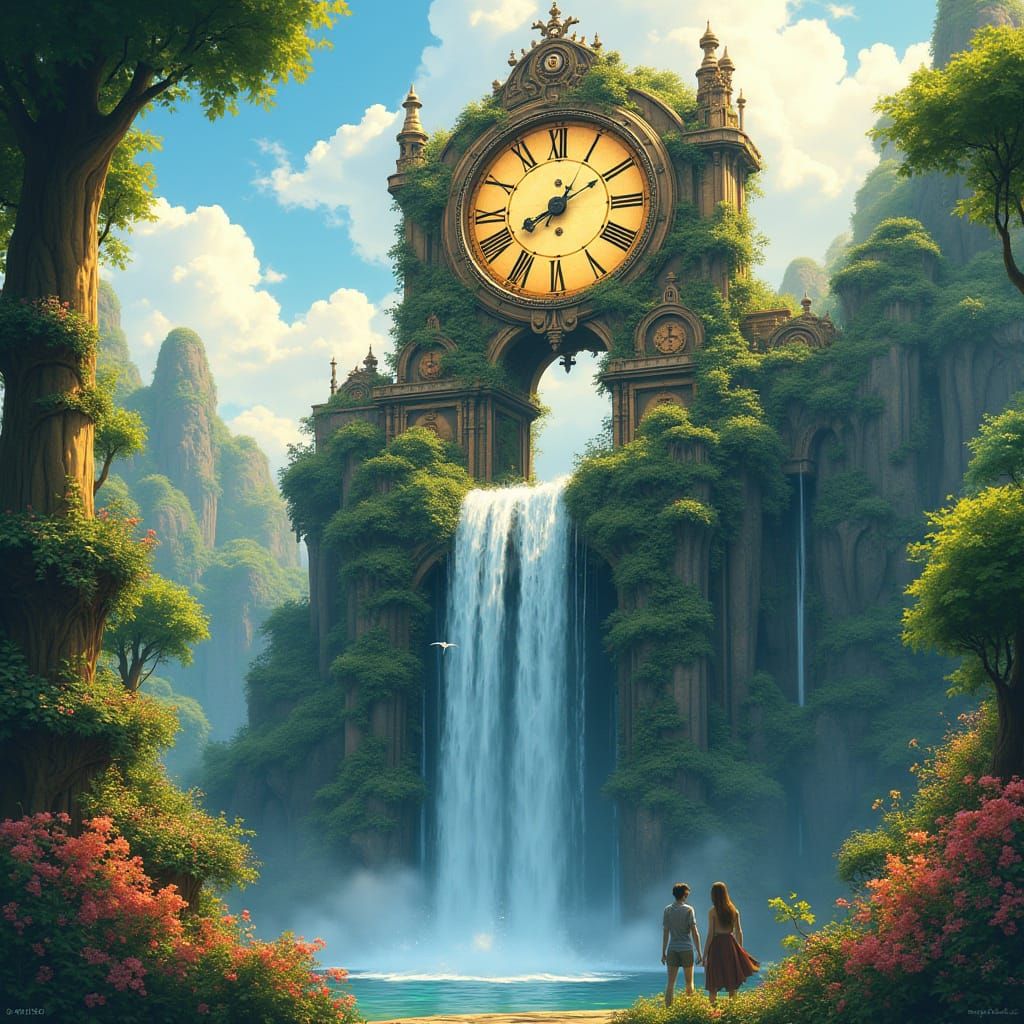 Waterfall Cascading Down Solarpunk Clock Tower