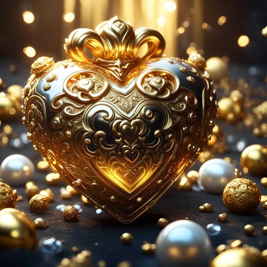 Voluminous Golden Heart with Jewels, 3D Render