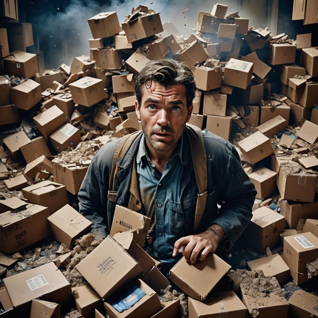 Dramatic Portrait of Tim Amidst Collapsing Boxes
