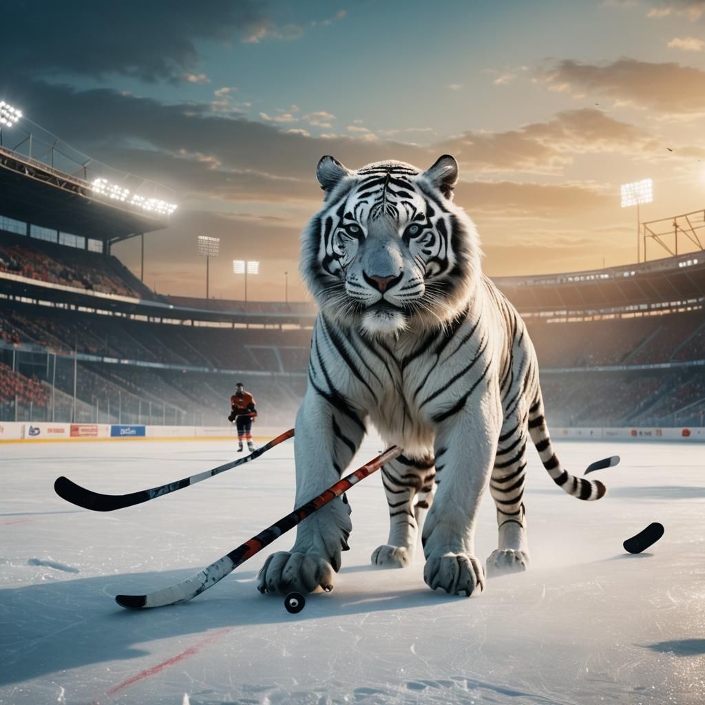 Mysterious White Tiger on Hockey Stadium: Digital Painting