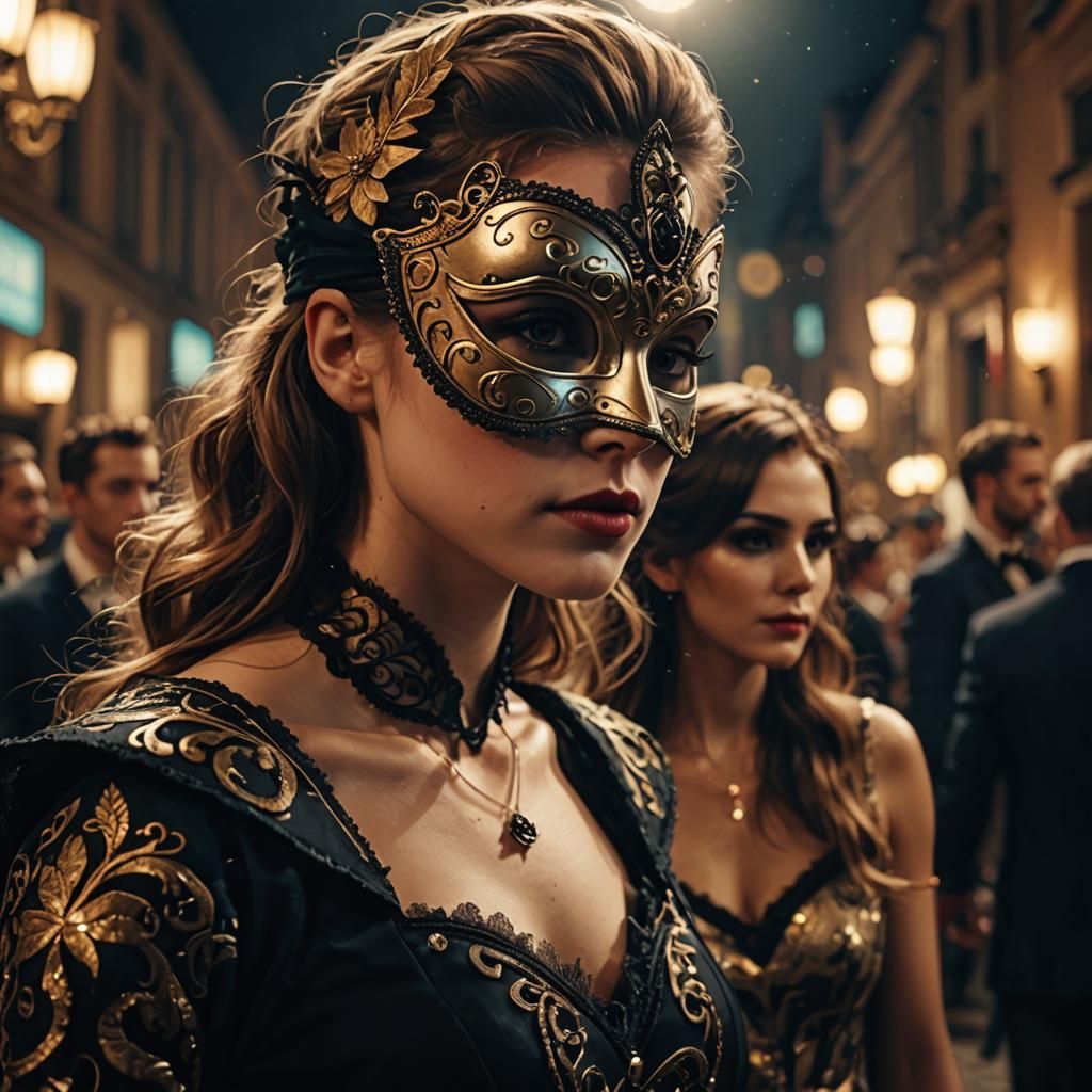 Dramatic Masquerade Scene in Realistic Style