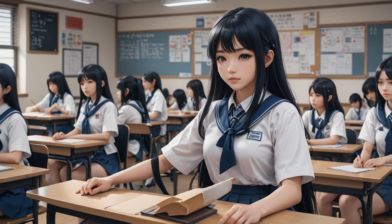 Anime Schoolgirl in Classroom: 3D Anime Art
