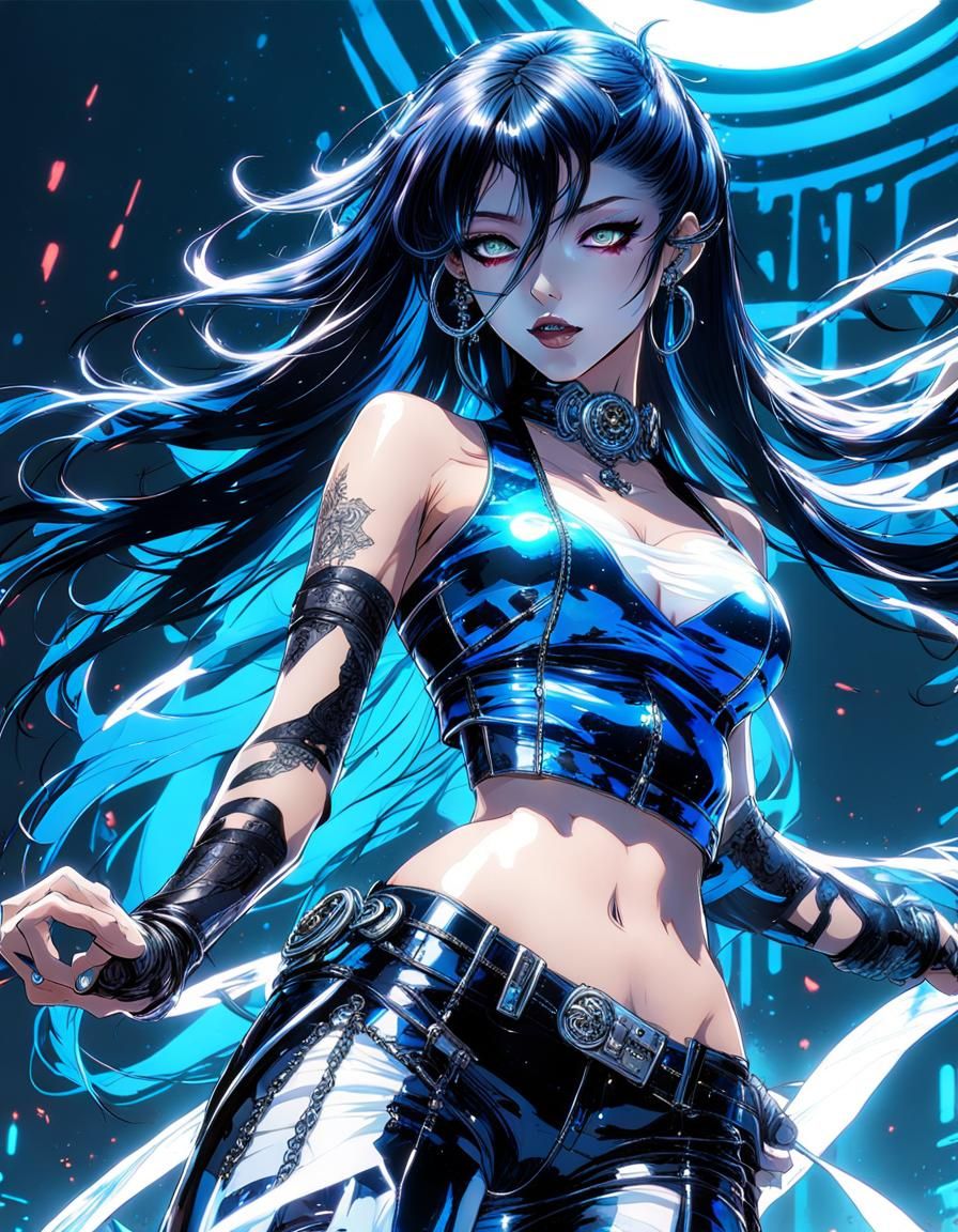 Anime video game, anime Rocker girl singing on stage, long black hair, neon highlights streaks in hair, Karol Bak contra...