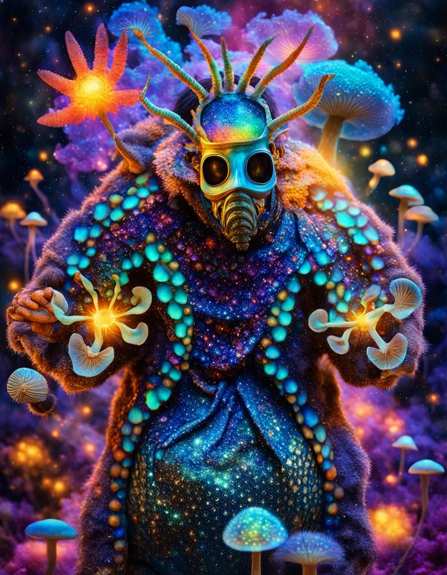 Surreal Mushroom Man with Bee Mask in Astral Style