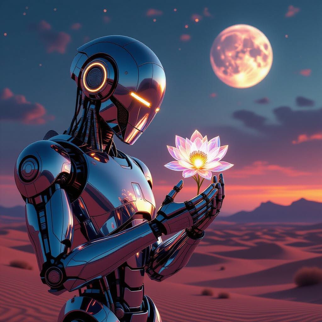 Friendly Chrome Robot Holds Crystal Flower Under Alien Sky