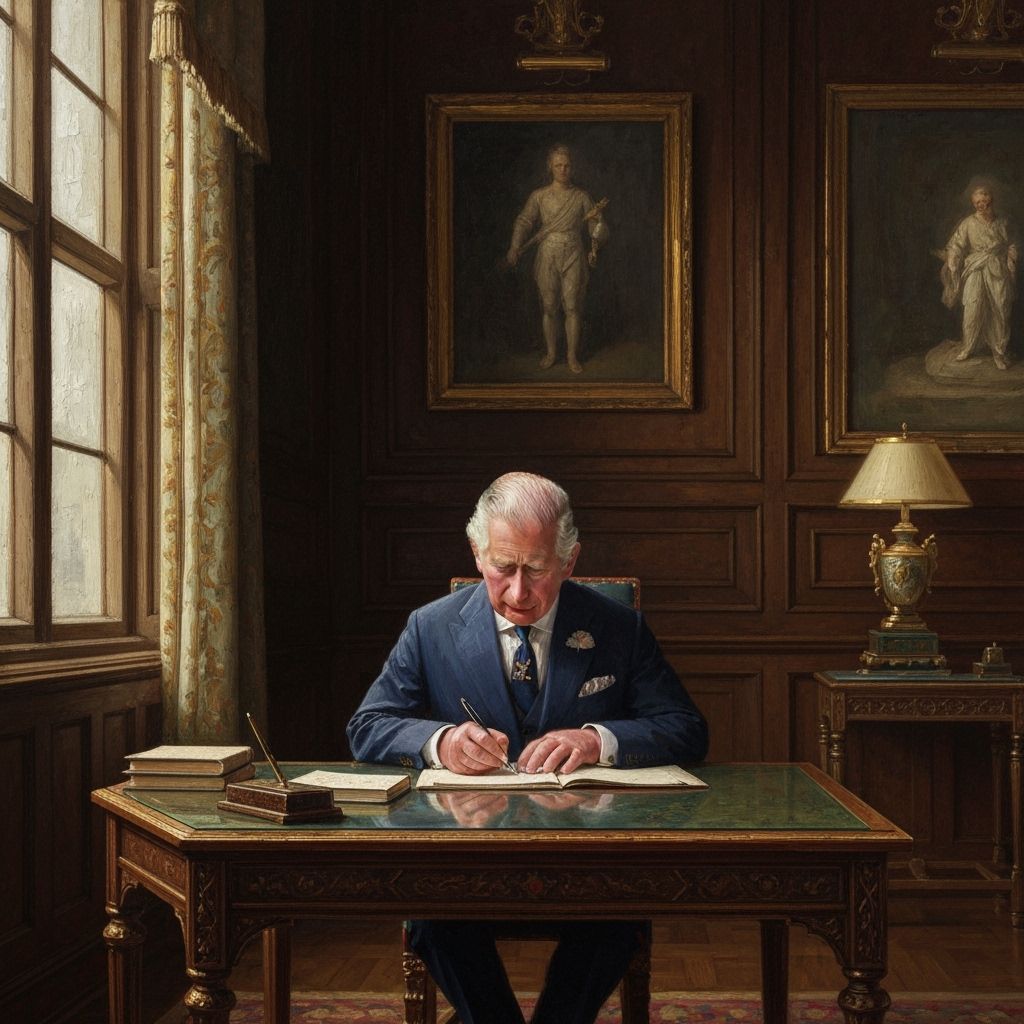 King Charles III Signs Documents in Windsor Castle Oil Paint...