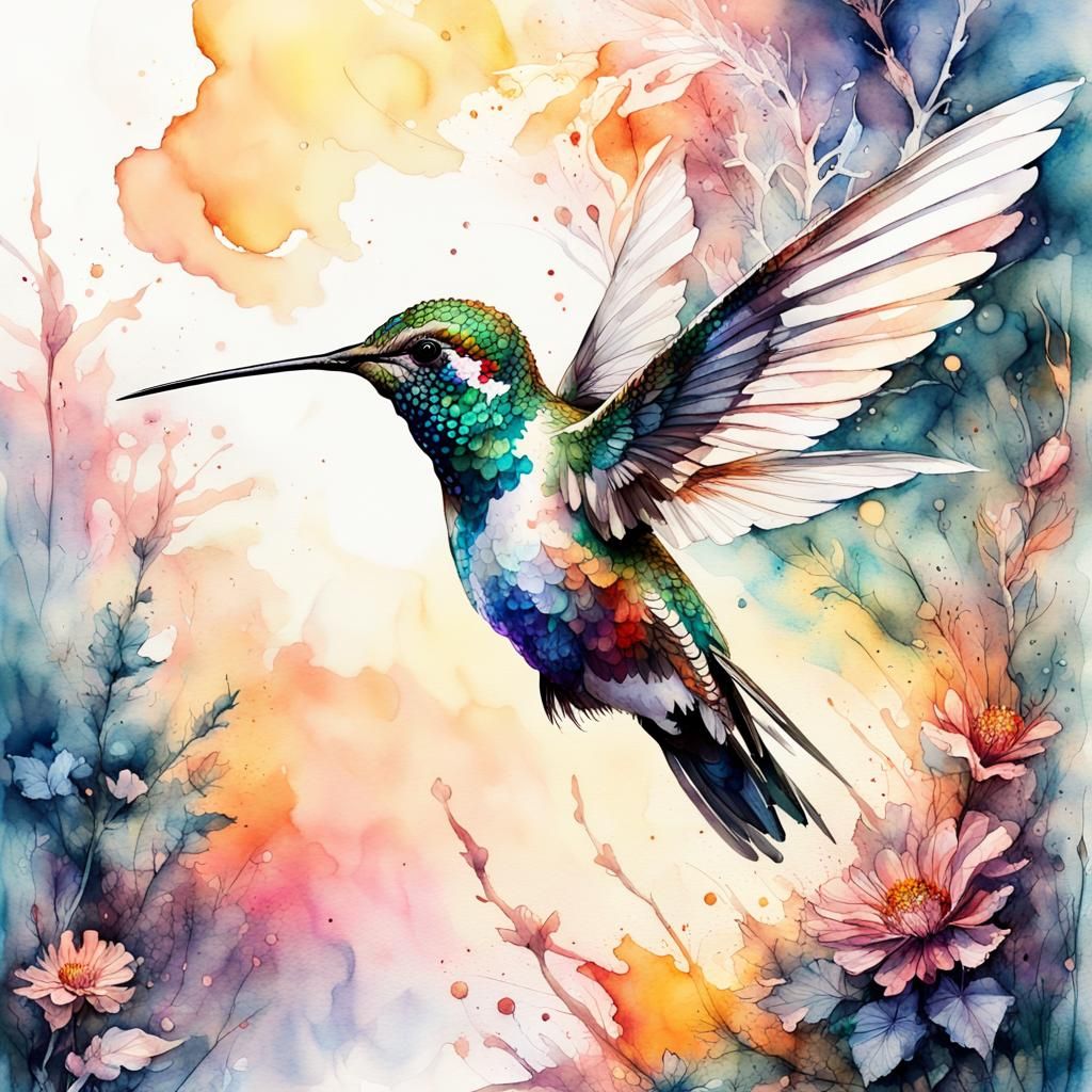 Hummingbird in Watercolor Fairytale Illustration