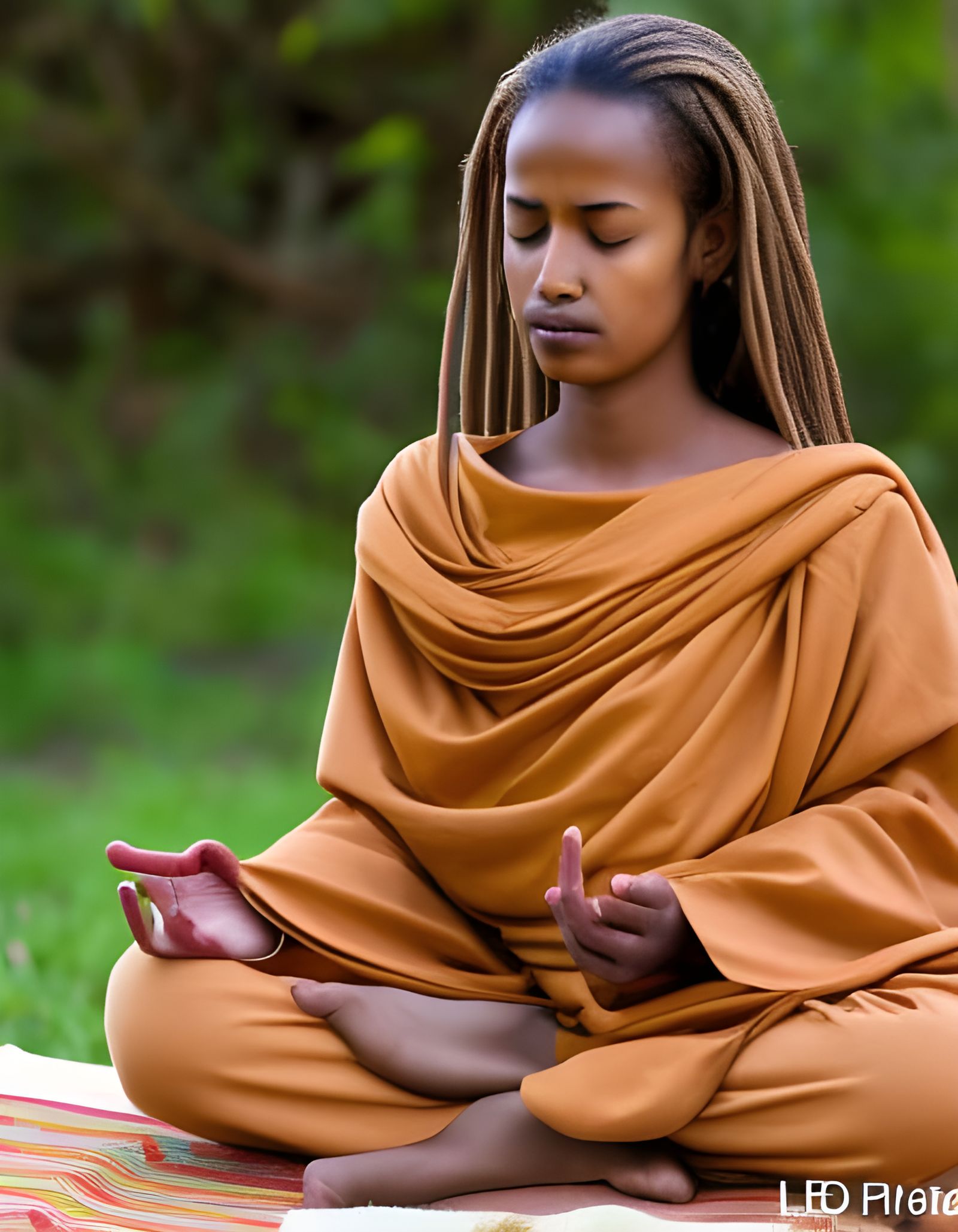 Peaceful Ethiopian Woman Meditating in Tranquil Setting