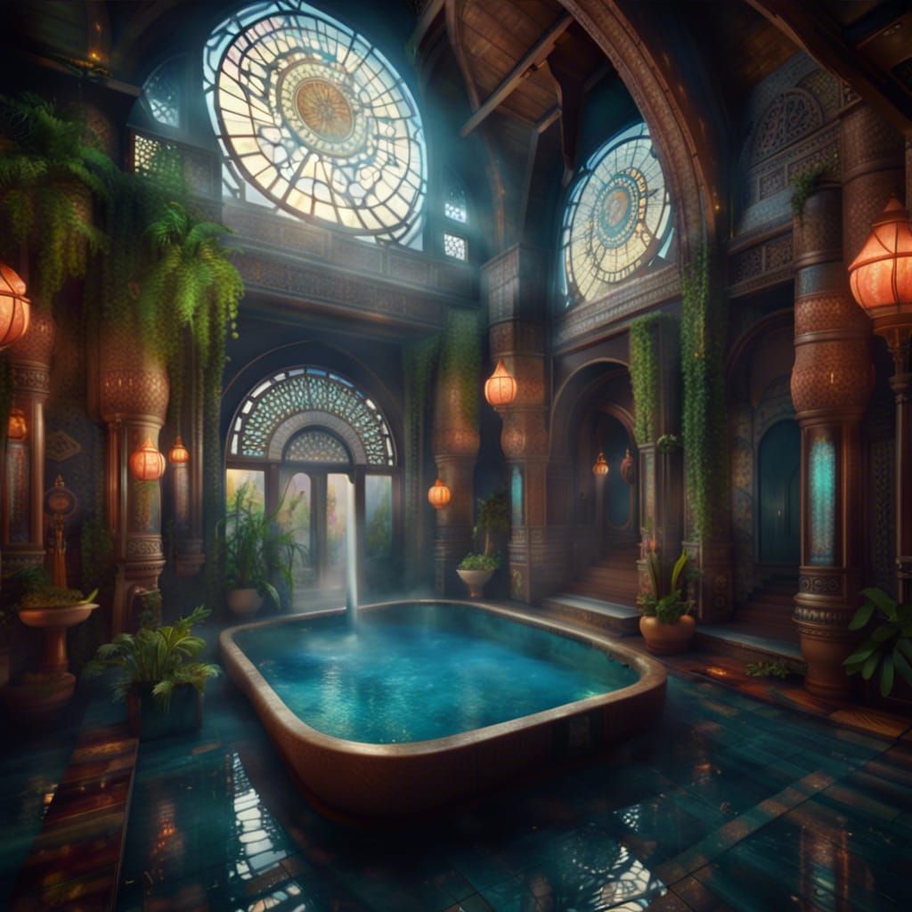 Fantasy Bathhouse Interior with Turkish Tiles
