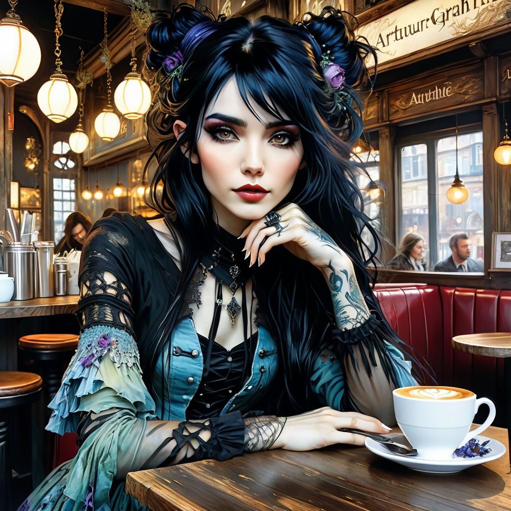 Fairytale Goth Girl in Cafe, Anime Style