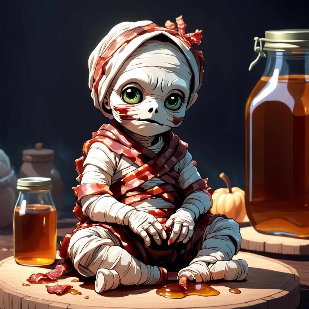 A cute mummy wrapped in bacon sitting on a jar of maple syrup
