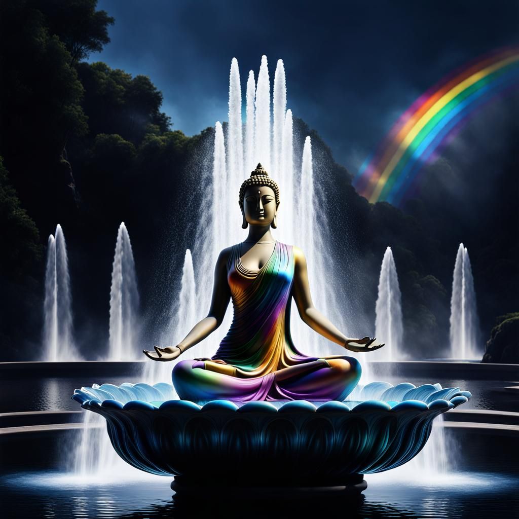 Meditating Buddha with Rainbow Fountains
