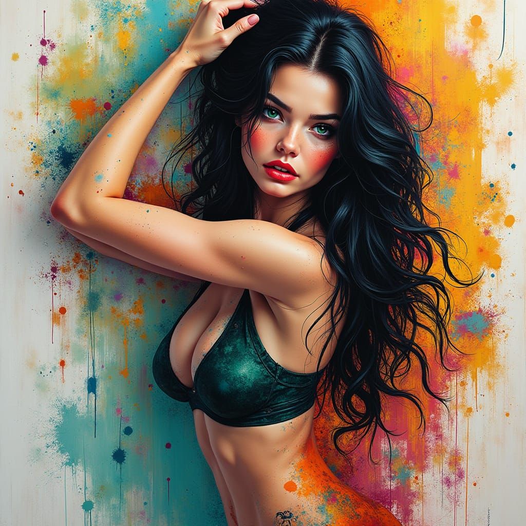 Vibrant Woman Canvas of Colorful Splatters