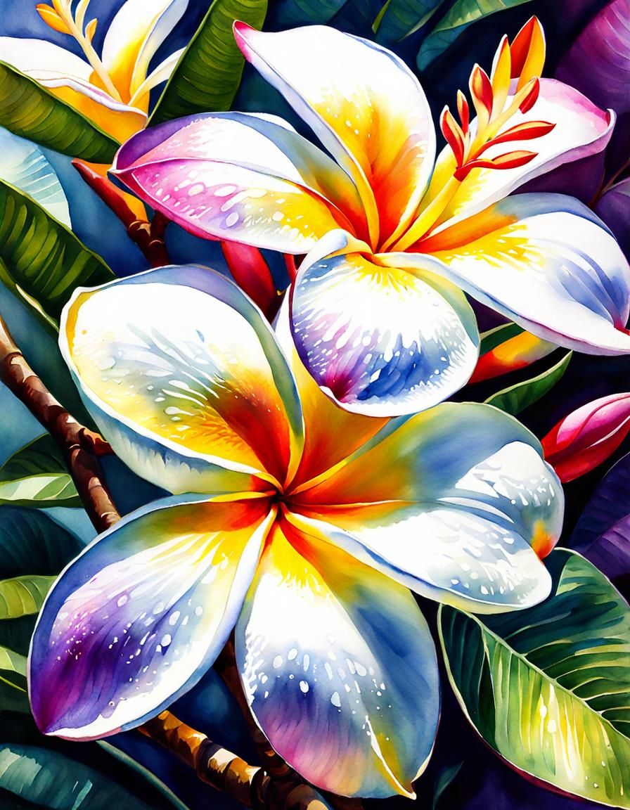 Luminous Watercolor Plumeria Flower in Fantasy Landscape