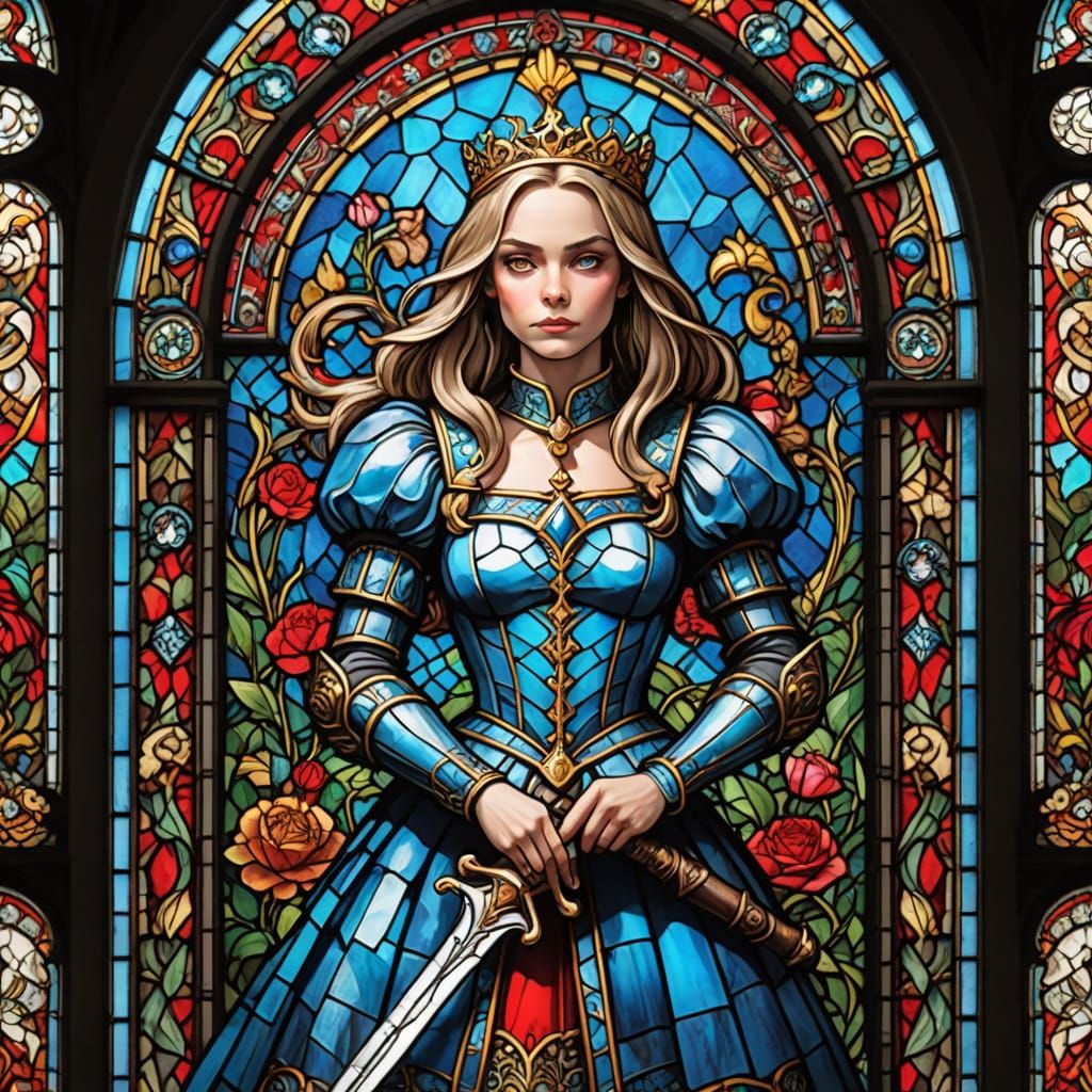 Warrior Alice in Vibrant Stained-Glass Splendor
