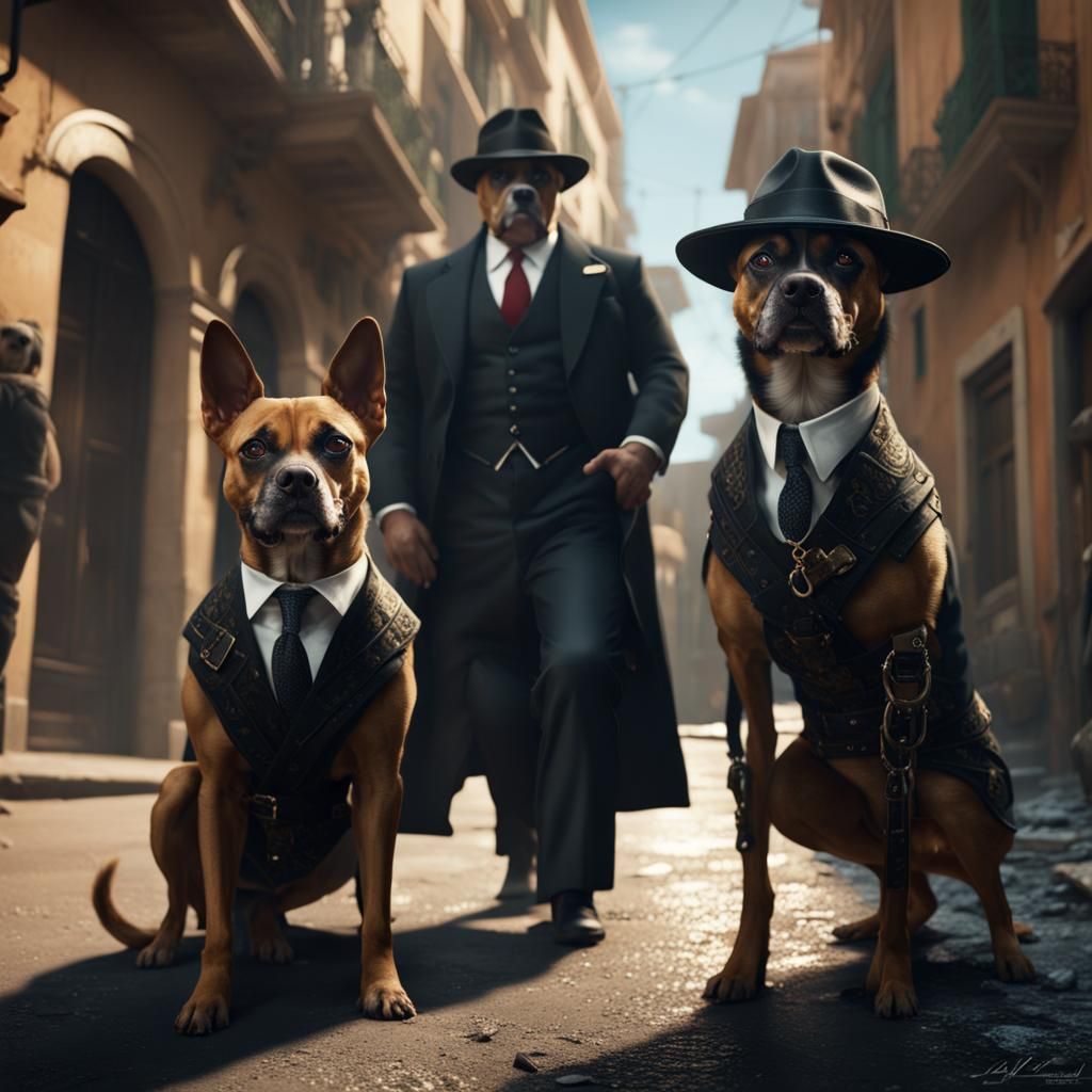 Mafia Dogs Roaming Sicilian Streets in Detailed Painting