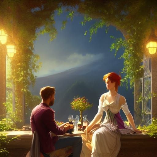 Wine Drinkers in Hyperdetailed Art Nouveau Landscape