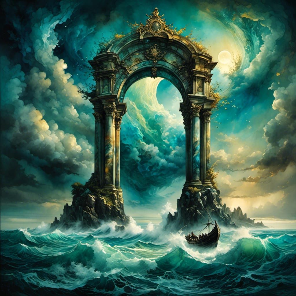 Floating Stone Arch Portal with Steampunk Ship